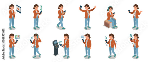 Woman using smartphone in various digital activities, including watching videos, scrolling, listening to music, navigating, and making payments.