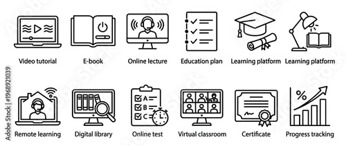 Collection of modern line icons representing various aspects of online education, e-learning, and digital academic processes.