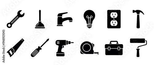 Essential household tools and repair equipment icons representing various maintenance, construction, and DIY tasks for home improvement projects.