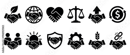 Handshake icons representing various business, social, and environmental agreements, partnerships, and collaborations for diverse concepts.