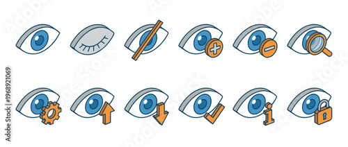 Isometric eye icons illustrating different states of visibility, privacy, and user interface controls for web and app design elements.