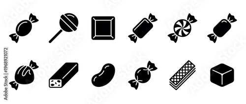 Candy and confectionery icons collection featuring various sweet treats like lollipops, wrapped candies, jelly beans, and wafers.