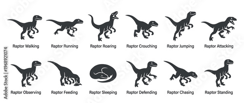 Raptor dinosaur icon set illustrating various actions and movements of the prehistoric creature in a modern graphic style.
