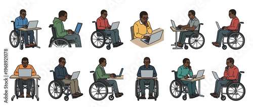 African American man in wheelchair engaged in various work and study activities using a laptop, representing accessibility and inclusion.
