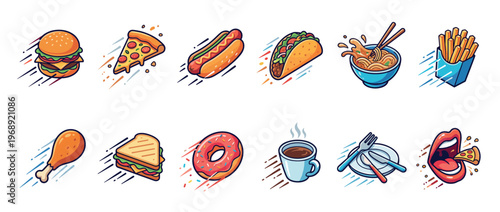 Delicious fast food and quick meal icons with dynamic motion lines representing speedy delivery and convenient eating options.