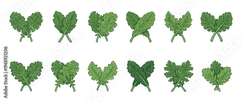 Green kale leaves seamless pattern design featuring various fresh organic vegetable elements for healthy food concepts.