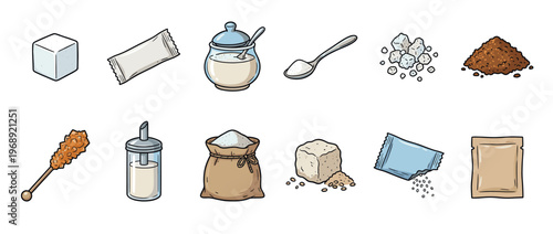 Sugar products in different forms and packaging for sweetening food and beverages, including cubes, packets, and loose granules.