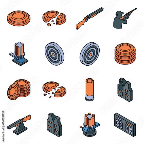 Clay pigeon shooting equipment and accessories set in isometric style, featuring various elements for target sports and recreational activities.
