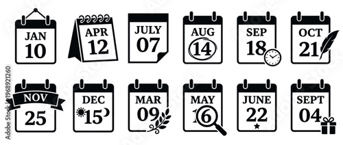 Calendar icons set with various dates and symbols for planning, scheduling, and event reminders.