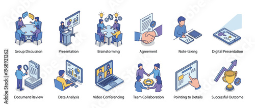 Business concepts illustrations depicting various office activities, teamwork, and successful outcomes in a modern isometric style.