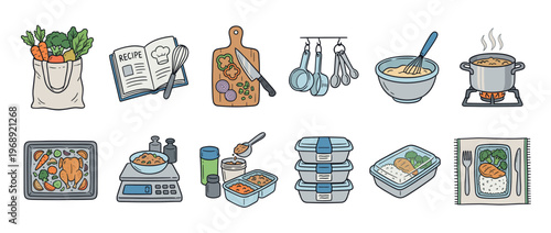 Cooking and meal preparation process illustrated with kitchen tools, fresh ingredients, and healthy prepared meals for daily nutrition planning.