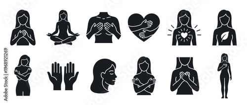 Female figures and hands illustrating self-care concepts, body positivity, and wellness through various gestures and symbols.