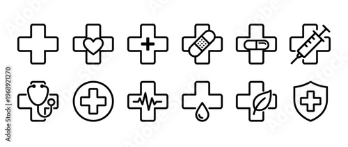 Medical crosses and healthcare symbols collection representing various aspects of health, medicine, and well-being in a clean outline style.