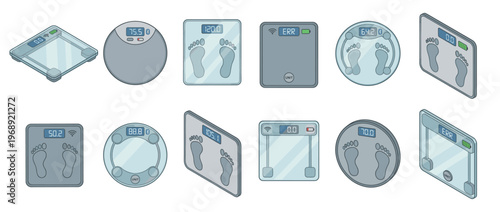 Comprehensive collection of digital bathroom scales, displaying various contemporary designs and features for personal health and weight management.