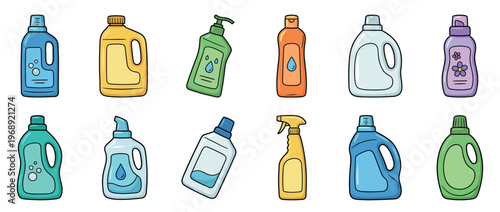 Colorful cartoon cleaning product bottles and containers for laundry, dishwashing, and general household hygiene supplies in a vibrant collection.