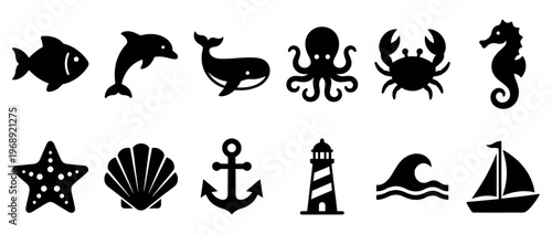 Collection of various sea creatures and nautical elements depicted as black silhouette icons for marine themes and ocean adventures