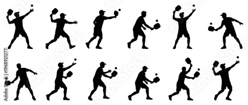 Pickleball players silhouettes engaged in various dynamic poses during a competitive game, showcasing different paddle strokes and serves.