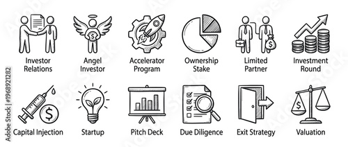 Startup investment icons illustrating key business concepts including investor relations, accelerator programs, ownership stakes, and valuation.