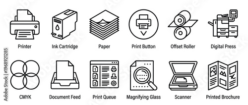 Printing and publishing technology icons collection featuring various office equipment and document processing symbols.