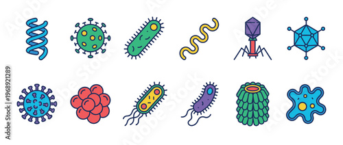 Colorful icons illustrating various microorganisms, including bacteria, viruses, and genetic structures, representing microbiology and infectious diseases.