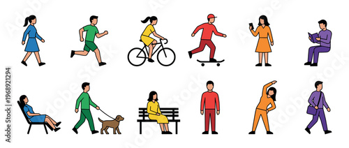 People engaging in various daily activities like walking, running, cycling, and relaxing, depicted in a colorful flat design illustration.