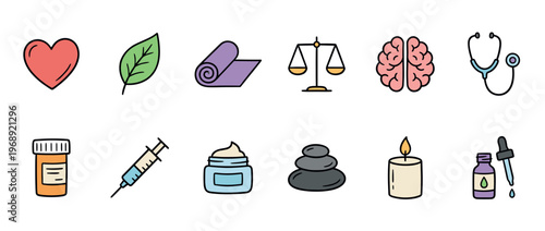 Health and wellness icons representing medical care, mental well-being, and holistic therapy elements in a hand-drawn style.