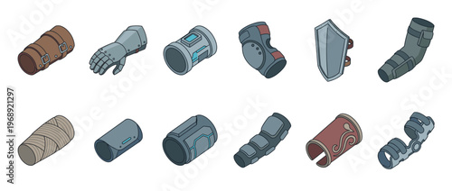 Collection of diverse protective arm and leg gear, including medieval, futuristic, and modern designs, perfect for gaming or fantasy concepts.