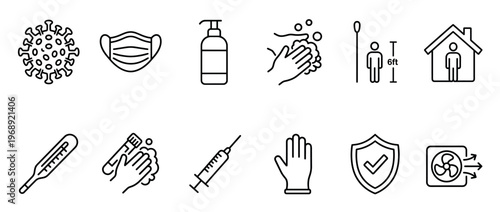 Health hygiene safety icons set featuring symbols for virus prevention, protection, and public health measures, including social distancing and vaccination.
