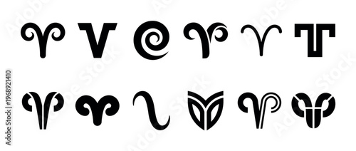 Aries zodiac symbols and abstract ram horn icons in a diverse collection of black graphic vector designs.
