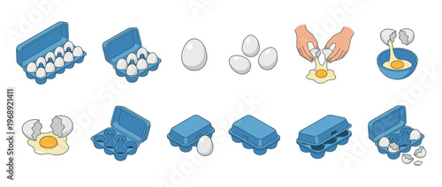 Various illustrations depicting fresh eggs in blue cartons, individual eggs, and the process of cracking eggs for cooking or baking.