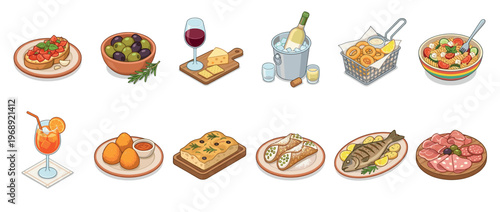Delicious Italian food and drink collection featuring various traditional dishes, appetizers, and beverages in a charming cartoon style.