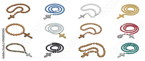 Collection of colorful rosaries with crosses representing faith, prayer, and spiritual devotion in various designs.