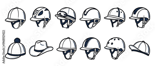 Equestrian riding helmets and hats in a hand-drawn style, showcasing different designs for horse riding safety and fashion.