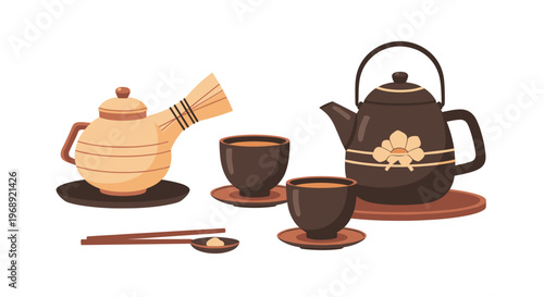 This traditional Japanese tea ceremony set includes a dark ceramic teapot with floral motifs alongside a light bamboo-textured pot and two matching cups.