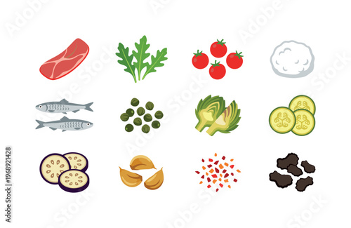 Pizza slices topped with prosciutto, arugula leaves, cherry tomatoes, buffalo mozzarella, anchovies, capers, artichoke hearts,