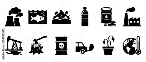 Environmental pollution icons set illustrating climate change, industrial impact, and ecological problems with various related symbols.