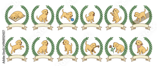 Cute golden retriever puppies in various playful poses framed by laurel wreaths and banners create a charming seamless pattern.