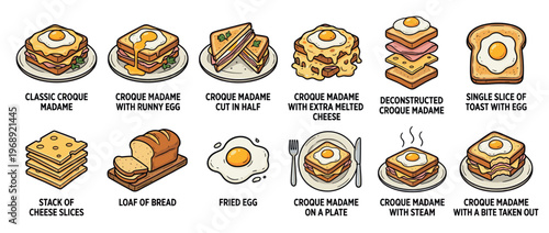 Croque Madame sandwiches and related breakfast food illustrations showcasing different preparations and ingredients.