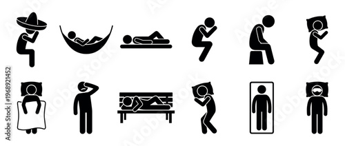Stick figures illustrating various sleeping and resting positions, showing different states of fatigue and relaxation.