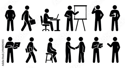 Business people stick figures engaged in various office activities and professional interactions, depicting daily work life.
