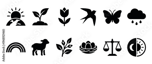 Collection of nature, spring, and life icons representing various elements of the natural world and seasonal changes in a simple silhouette style.