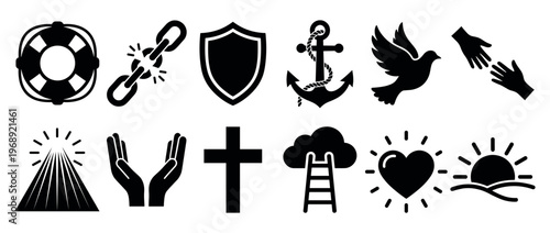 Collection of spiritual and religious symbols representing hope, safety, freedom, love, and new beginnings in a minimalist black silhouette style.
