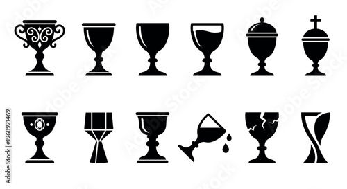 Diverse collection of chalices, goblets, and cups depicted as black silhouette icons for various design purposes.