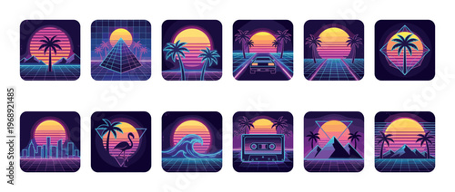 Retro synthwave aesthetic collection featuring various iconic elements like palm trees, sunsets, and geometric grids in vibrant neon colors.