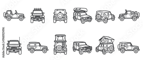 Off-road vehicles line art illustrations depicting various adventure SUVs equipped for outdoor exploration and travel.