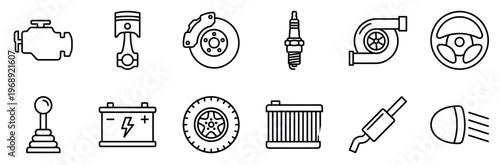 Automotive parts and car components line icons set, including engine, piston, brake, spark plug, turbocharger, steering wheel, battery, wheel, radiator, exhaust, and headlight.