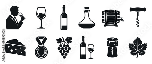 Collection of elegant wine icons including bottles, glasses, grapes, and a sommelier, representing the art of winemaking and tasting.