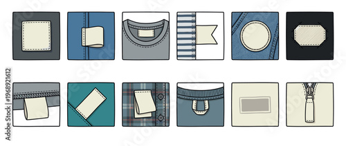 Collection of various clothing labels and fabric details, including sewn-on tags, denim, plaid, and zippers, in a hand-drawn illustration style.