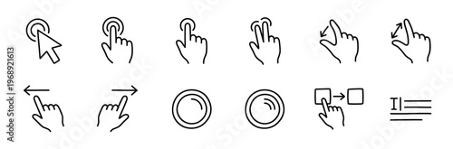 Collection of line art icons illustrating various touch screen gestures and mouse click actions for digital interface design.