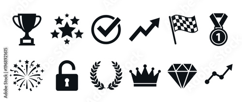 Collection of success, achievement, and quality icons representing victory, progress, and excellence in various fields.
